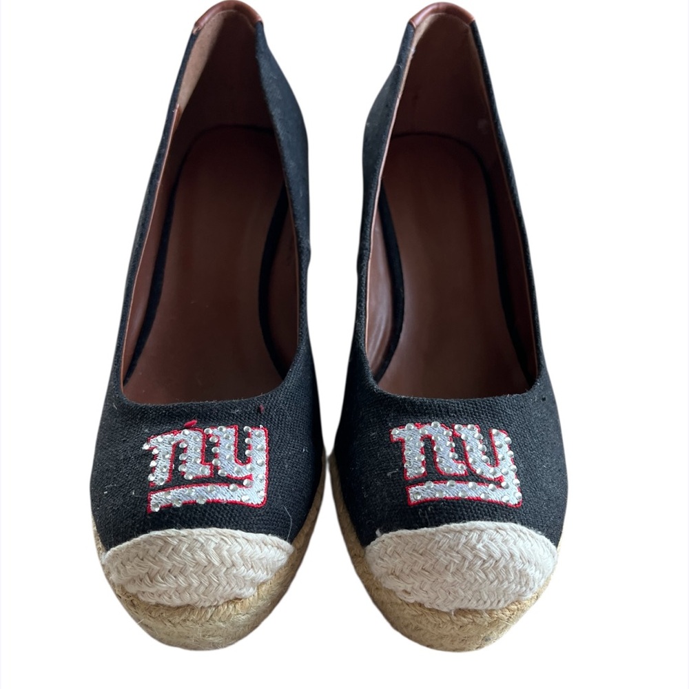 New York NY Giants NFL themed black bling canvas wedge heels Size 9